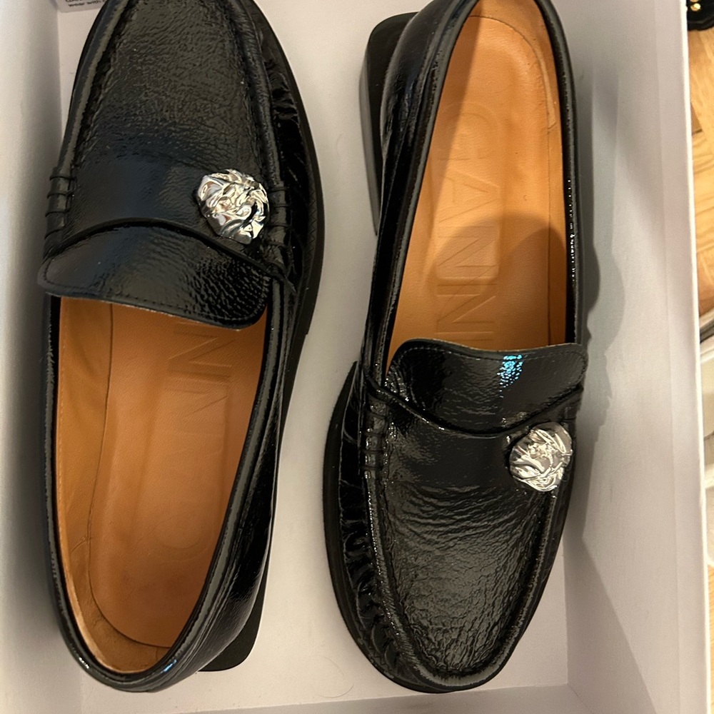 Ganni Black and Silver Loafers with Silver Medallion